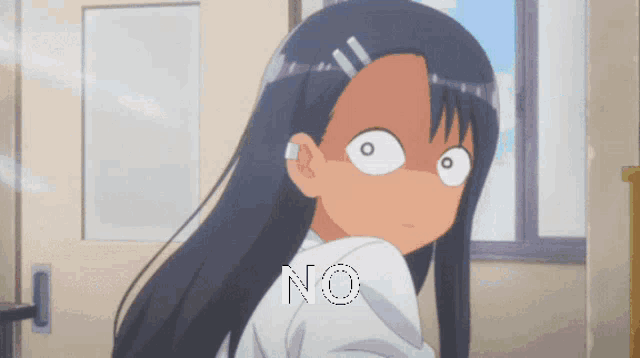 a girl with a surprised look on her face has the word no written on her back