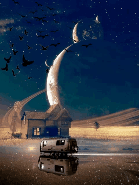 a painting of a house and a trailer with birds flying around