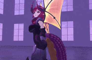 a girl with horns and a purple tail stands in front of a window
