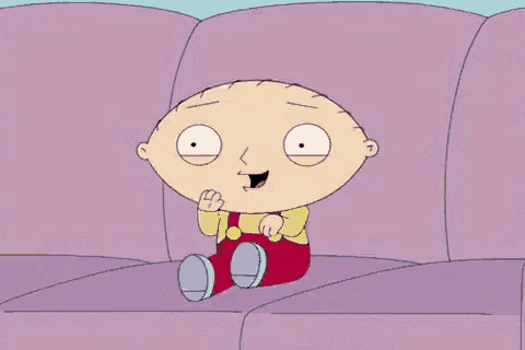 a cartoon character is sitting on a purple couch with his mouth open