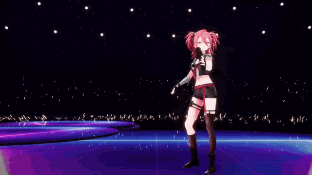 a girl with red hair is standing on a stage with a microphone in her hand