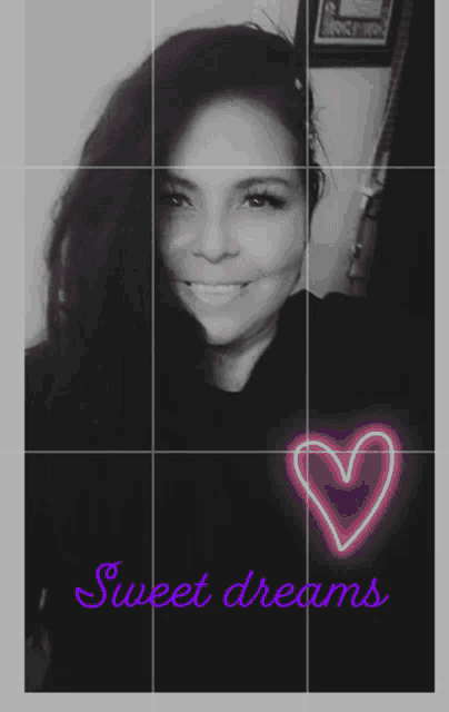 a black and white photo of a woman with a heart and the words sweet dreams