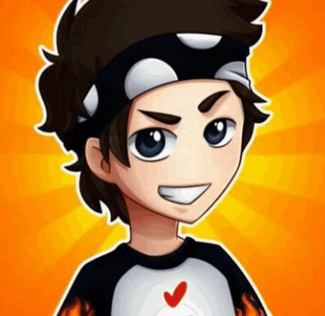 a cartoon boy wearing a headband and a shirt with a heart on it .