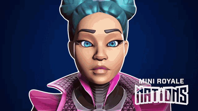 a cartoon of a woman with blue hair and the words mini royale nations behind her