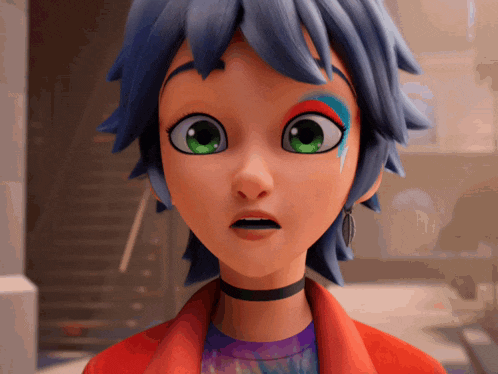 a cartoon girl with blue hair and green eyes