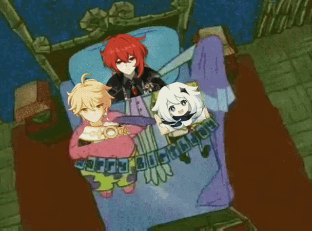 a group of anime characters are laying in a bed with a banner that says `` happy birthday '' .