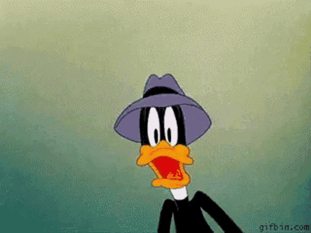 a cartoon duck wearing a hat and a suit is standing with his mouth open .