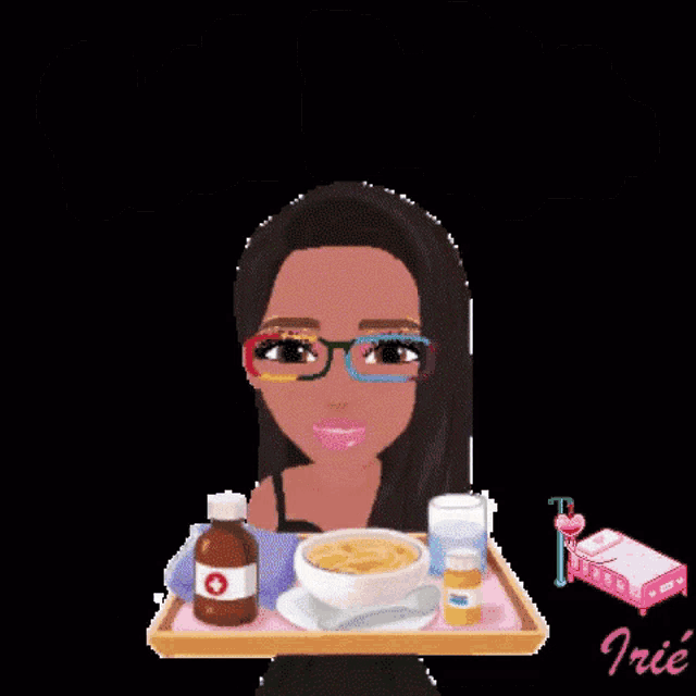 a cartoon of a woman with glasses holding a tray with a bowl of soup and pills and the words feel better