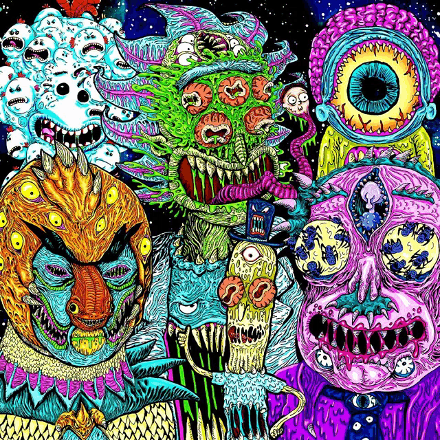a colorful drawing of rick and morty with a purple monster