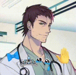 a man in a doctor 's coat with a stethoscope around his neck is holding a yellow emoji hand .