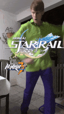 a man in a green shirt is dancing in front of a sign that says honkai star rail