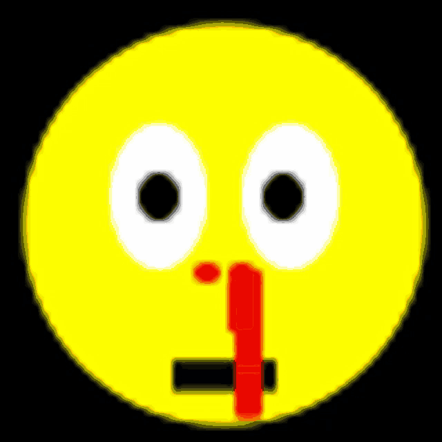 a yellow smiley face with a red nose and a black cross in its mouth .