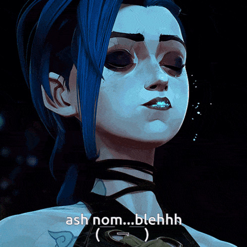 a drawing of a girl with blue hair and the words ash nom blehhh