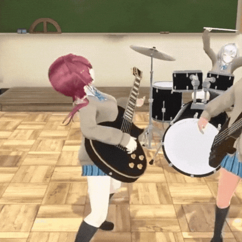 a girl playing a guitar and a girl playing drums in a video game