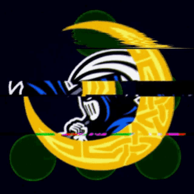 a knight is sitting on a crescent moon with a microphone in his hand .