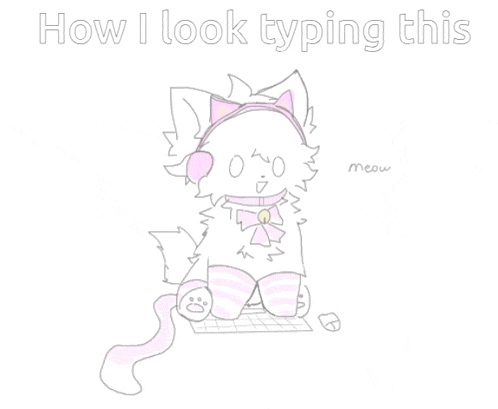a drawing of a cat wearing headphones and knee high socks sitting on a keyboard .
