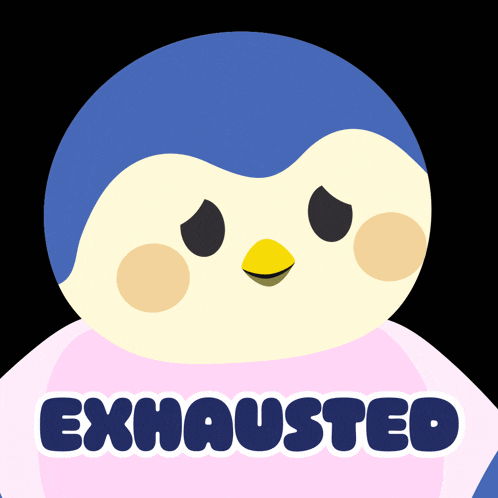 a penguin with the word exhausted on it