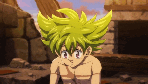 a cartoon character with yellow hair and a shirtless body