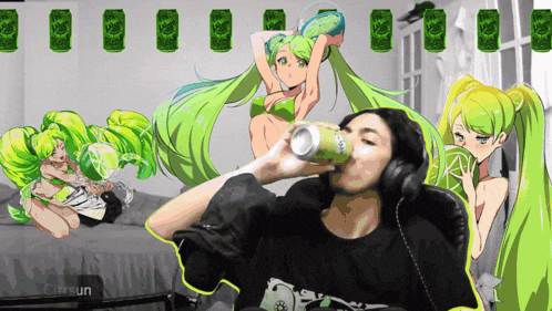 a man is drinking a can of citrusun while surrounded by anime girls