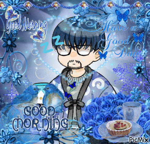a good morning greeting card with a man in a blue robe