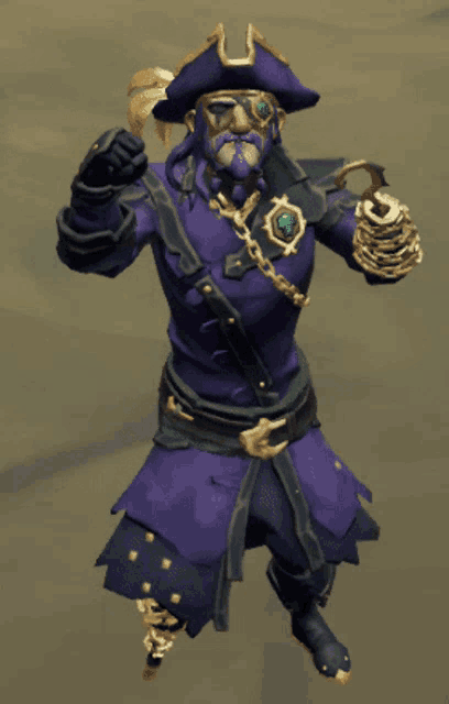 a man in a purple and gold pirate costume is dancing