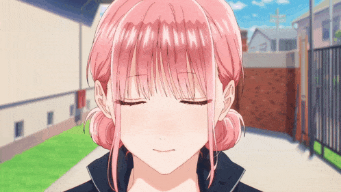 a girl with pink hair has her eyes closed and her hair in a bun