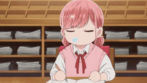 a girl with pink hair is sitting at a desk with her eyes closed and a pencil in her hand