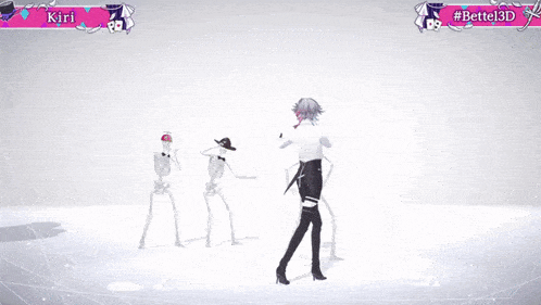 a skeleton in a top hat is dancing next to a girl in a white outfit