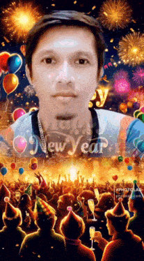 a man is surrounded by fireworks and balloons and the words new year are on the bottom