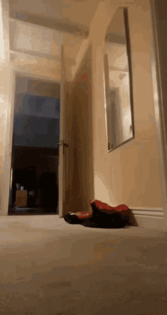 a hallway with a door open and a mirror