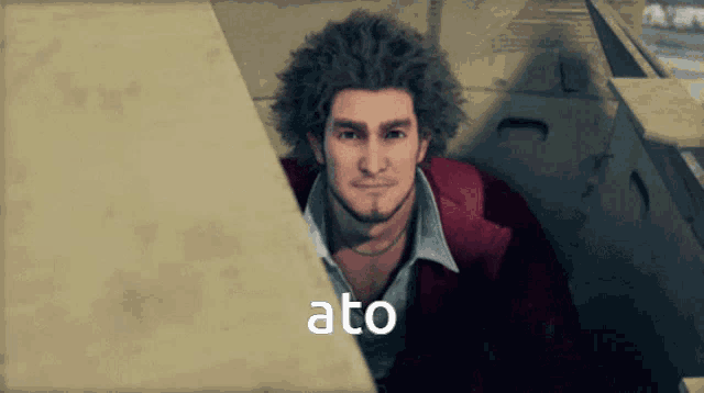 a man in a red jacket is peeking out from behind a wall and the word ato is on the bottom right