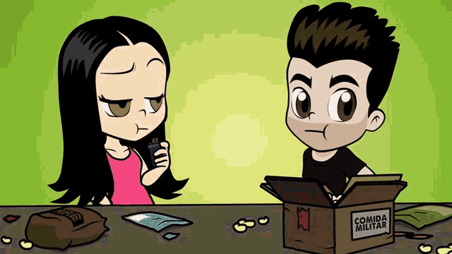 a cartoon of a boy and a girl with a box that says comida militar on it
