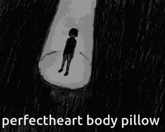 a black and white drawing of a boy covering his face with his hands and the words perfectheart body pillow below him