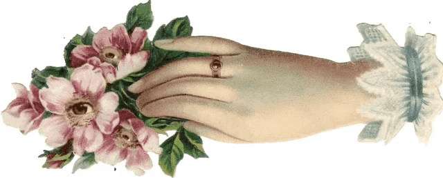 a woman 's hand with a ring on it holds a bouquet of pink flowers