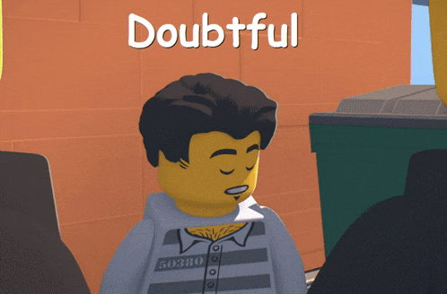 a lego character with doubtful written on the bottom