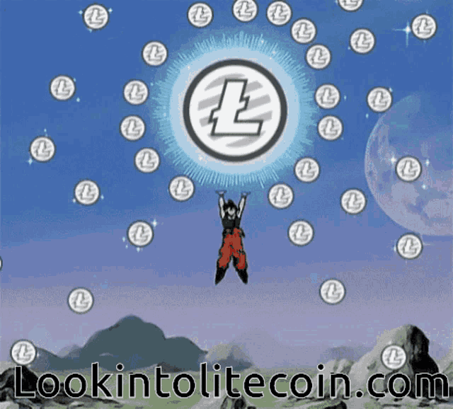 a picture of a cartoon character surrounded by l coins and the website look intolitecoin.com