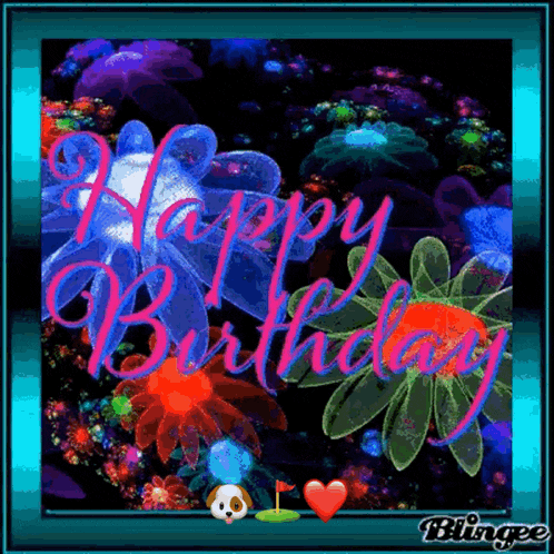 a happy birthday card with flowers and a heart