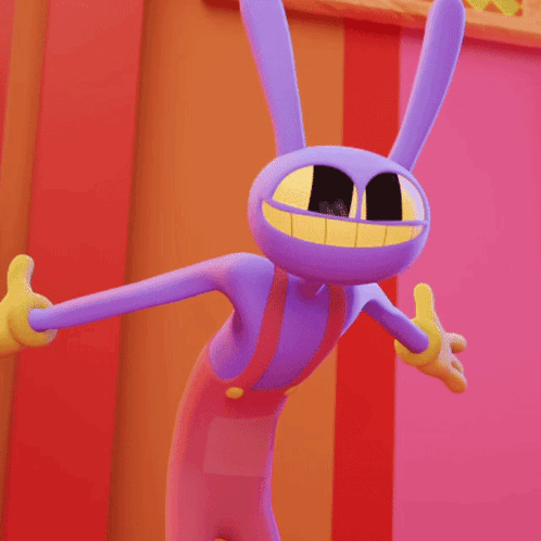 a purple cartoon character with yellow teeth and overalls is giving a thumbs up