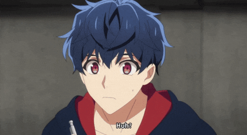 a boy with blue hair and red eyes says huh in a cartoon