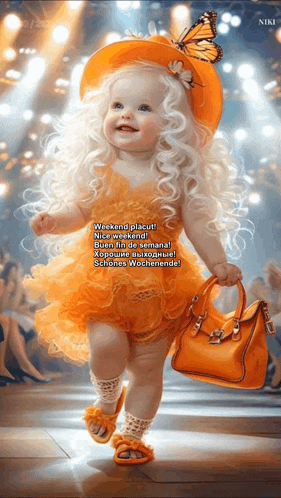 a little girl wearing an orange dress and a hat with a butterfly on it