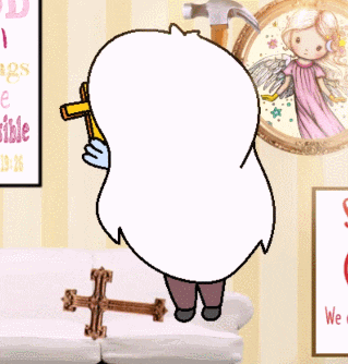 a cartoon character is holding a cross in front of a sign that says bible 19 26