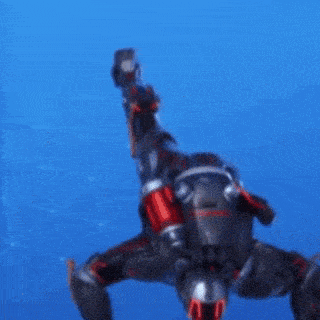 a robot with a red h on his head is holding a sword in his hand .