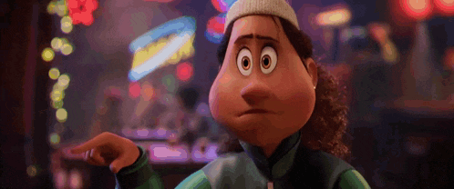 a cartoon character wearing a hat and a green jacket is pointing