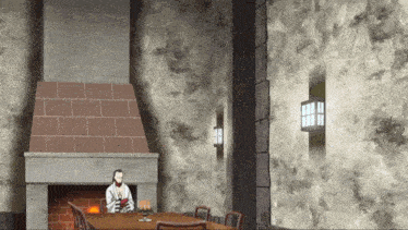 a man is sitting in front of a fireplace in a room
