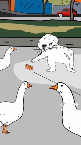 a cartoon drawing of a cat playing with a hot dog and ducks