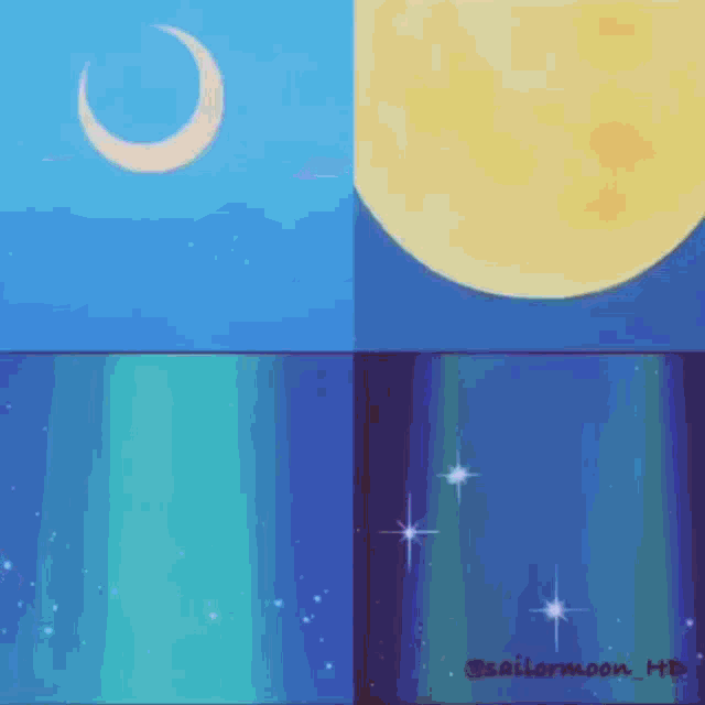 a collage of four pictures of a crescent moon and a star