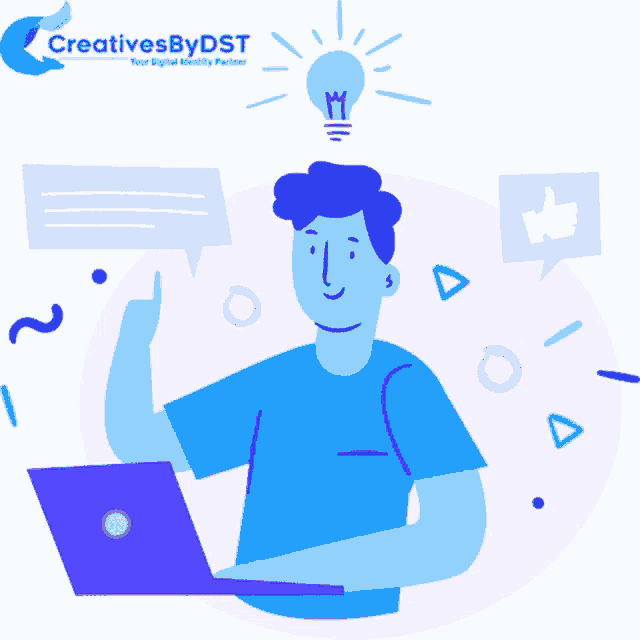 an illustration of a man using a laptop with a light bulb above his head and the words creativesbydst on the bottom