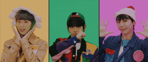a collage of three pictures of a young man wearing different hats