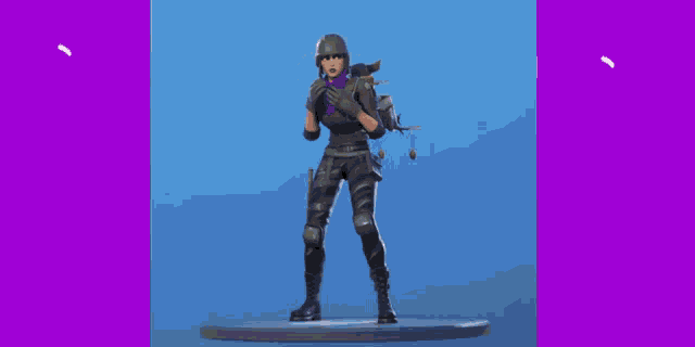 a purple and blue background with a statue of a person