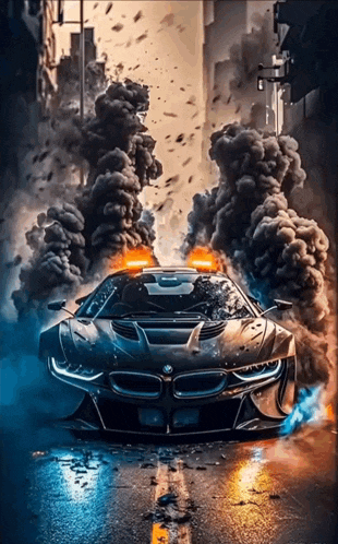 a bmw is driving down a street with smoke and smoke coming out of it